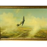 Large oil on canvas of a Spitfire in flight signed Dion Pears