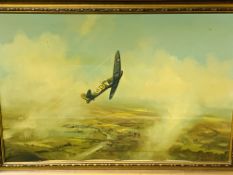 Large oil on canvas of a Spitfire in flight signed Dion Pears