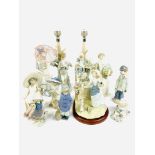 A pair of Lladro table lamps; 6 Lladro and Nao figures and 3 other figures
