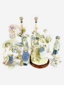 A pair of Lladro table lamps; 6 Lladro and Nao figures and 3 other figures