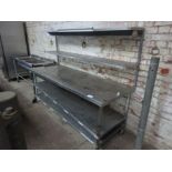 Mobile stainless steel preparation table with under and over shelves W: 215cms, D: 77cms, H: 165cms