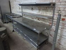 Mobile stainless steel preparation table with under and over shelves W: 215cms, D: 77cms, H: 165cms