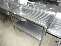 Stainless steel single bowl, right hand drainer sink with taps and undershelf,