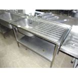 Stainless steel single bowl, right hand drainer sink with taps and undershelf,