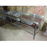 Stainless steel double sink, right hand drainer with taps, drawer and undershelf.