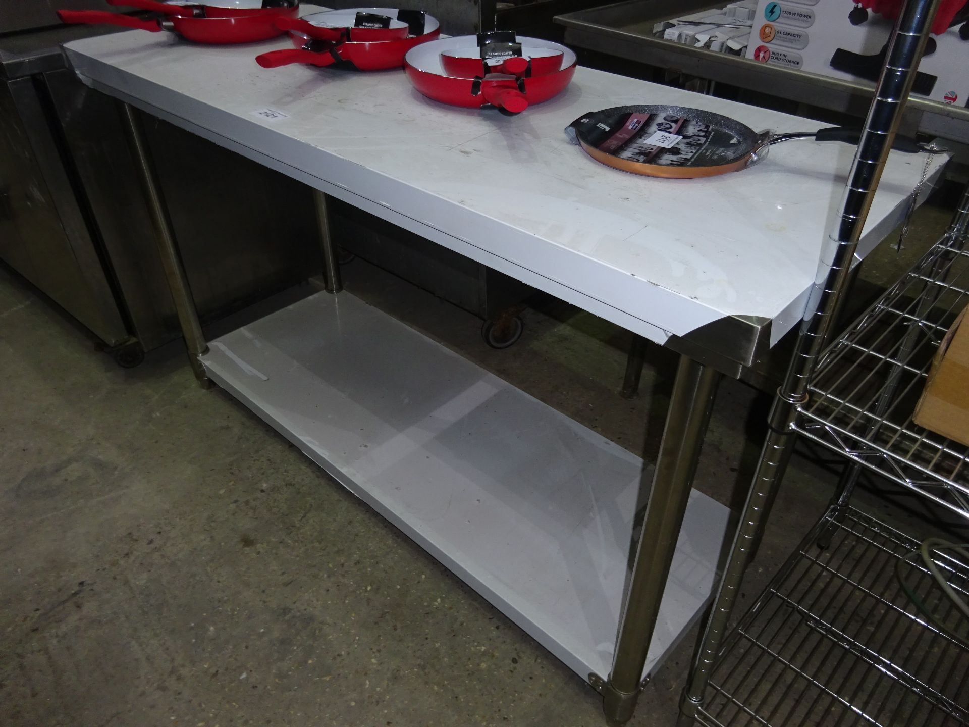 New stainless steel prep table with under shelf, width 150cms, depth 60cms and height 90cms.