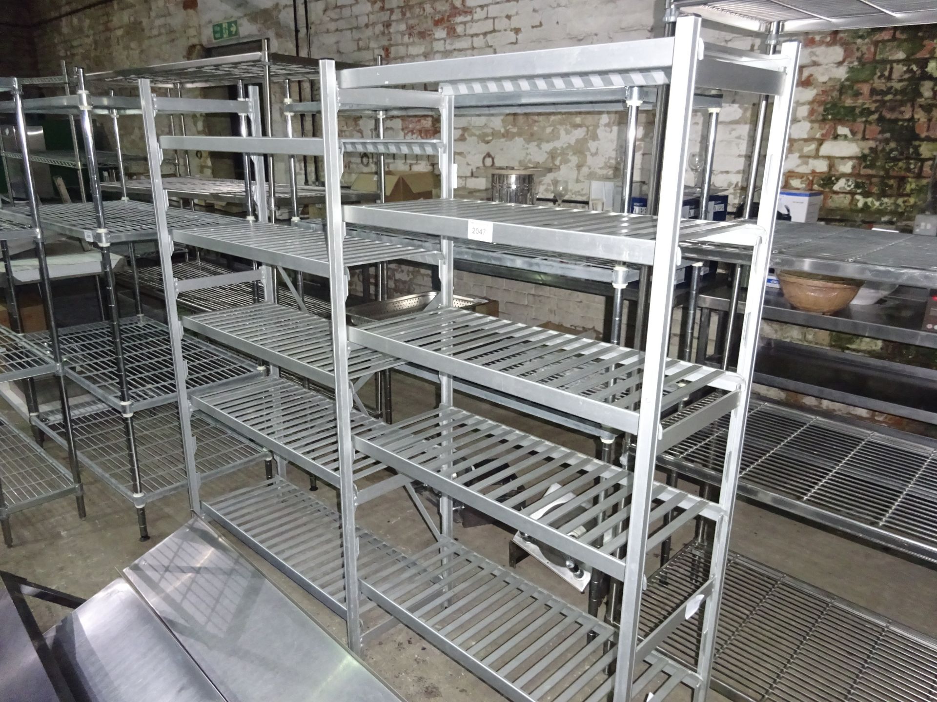 Twin bay aluminium 10 shelf unit, width 187cms, depth 40cms and height 168cms.