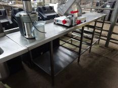 Stainless steel pass through dishwasher table with tray racks W: 220cms, D: 63cms, H: 92cms