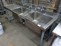 Double bowl with single drainer sink and taps W: 213cms, D: 61cms, H: 95cms