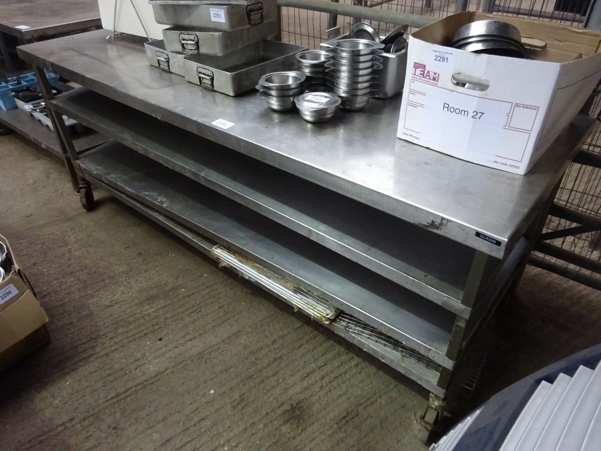 Mobile stainless steel preparation table with three under shelves, W: 213cms, D: 76cms, H: 85cms