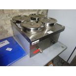 Infernus WBS520 four pot wet bain marie with drain valve to front.