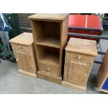 Pair of pine bedside cupboards and a pine cabinet shelf and drawer unit,