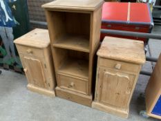 Pair of pine bedside cupboards and a pine cabinet shelf and drawer unit,