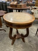 Mixed hardwood circular display table and a mahogany tilt top wine table