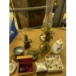 Brass oil lamp; small brass "Lampe-Olympe"; silver wood lined trinket box; silver vesta case.