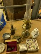 Brass oil lamp; small brass "Lampe-Olympe"; silver wood lined trinket box; silver vesta case.