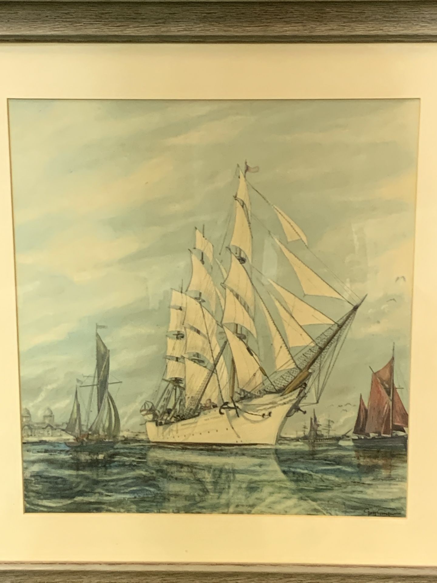 Framed and glazed watercolour and pencil of sailing ships by Guy Ginger