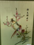 Framed and glazed oriental silk embroidery of birds and flowers, silk picture and birds and flowers.