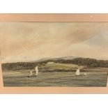 Watercolour of boats on a lake with woods and a house.