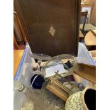 Box of bric a brac, including vintage cut glass, a tea caddy and a mahogany tray