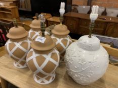 Two pairs of terracotta table lamps and large white glazed table lamp