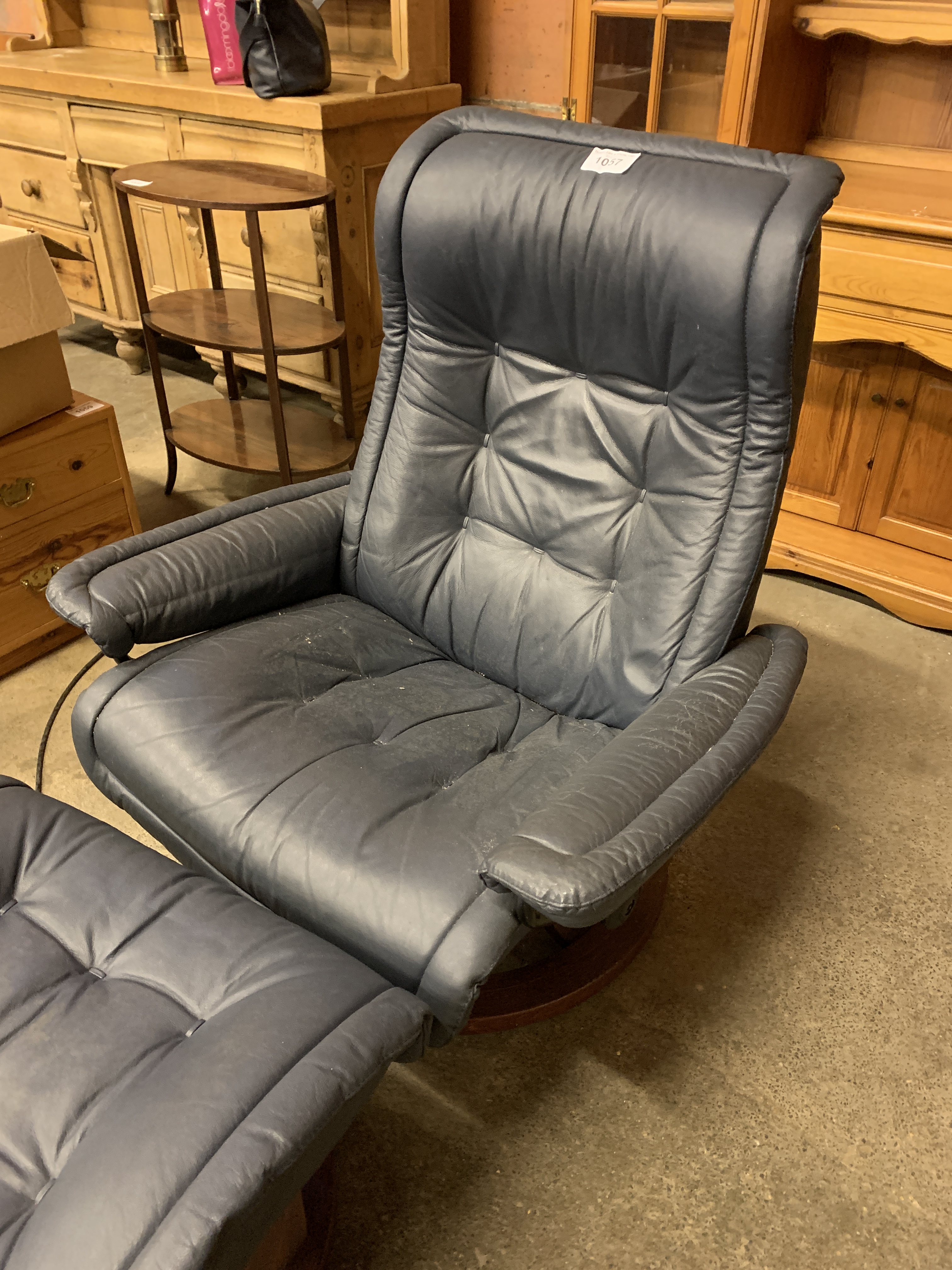 Dark blue leather upholstered reclining chair with footstool - Image 2 of 3