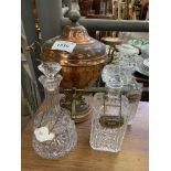 Three cut glass decanters together with a copper Samovar.