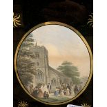 Set of five framed and glazed Le Blonde oval prints of various village scenes.
