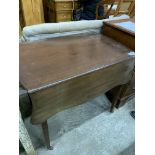 Mahogany drop side sofa table with frieze drawer to one end, and shaped edges to the flaps