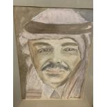 Framed and glazed watercolour portrait of King Hussein of Jordan, an another painting