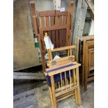 Folding garden stool, folding director's-style chair, folding teak armchair.