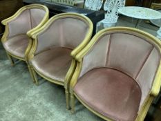 Three pink upholstered show wood tub chairs