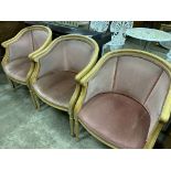 Three pink upholstered show wood tub chairs