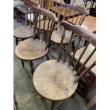 Five elm seat rail back Windsor style kitchen chairs with circular seats