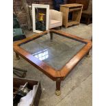 Large wood frame coffee table with glass inset top