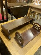 Oak book trough, mahogany book tray, and a small open bookcase