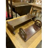 Oak book trough, mahogany book tray, and a small open bookcase