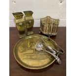 Brass tray, silver plate champagne stand, and a pair of brass vases.