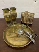 Brass tray, silver plate champagne stand, and a pair of brass vases.