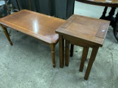 Nest of two hardwood tables and a hardwood coffee table