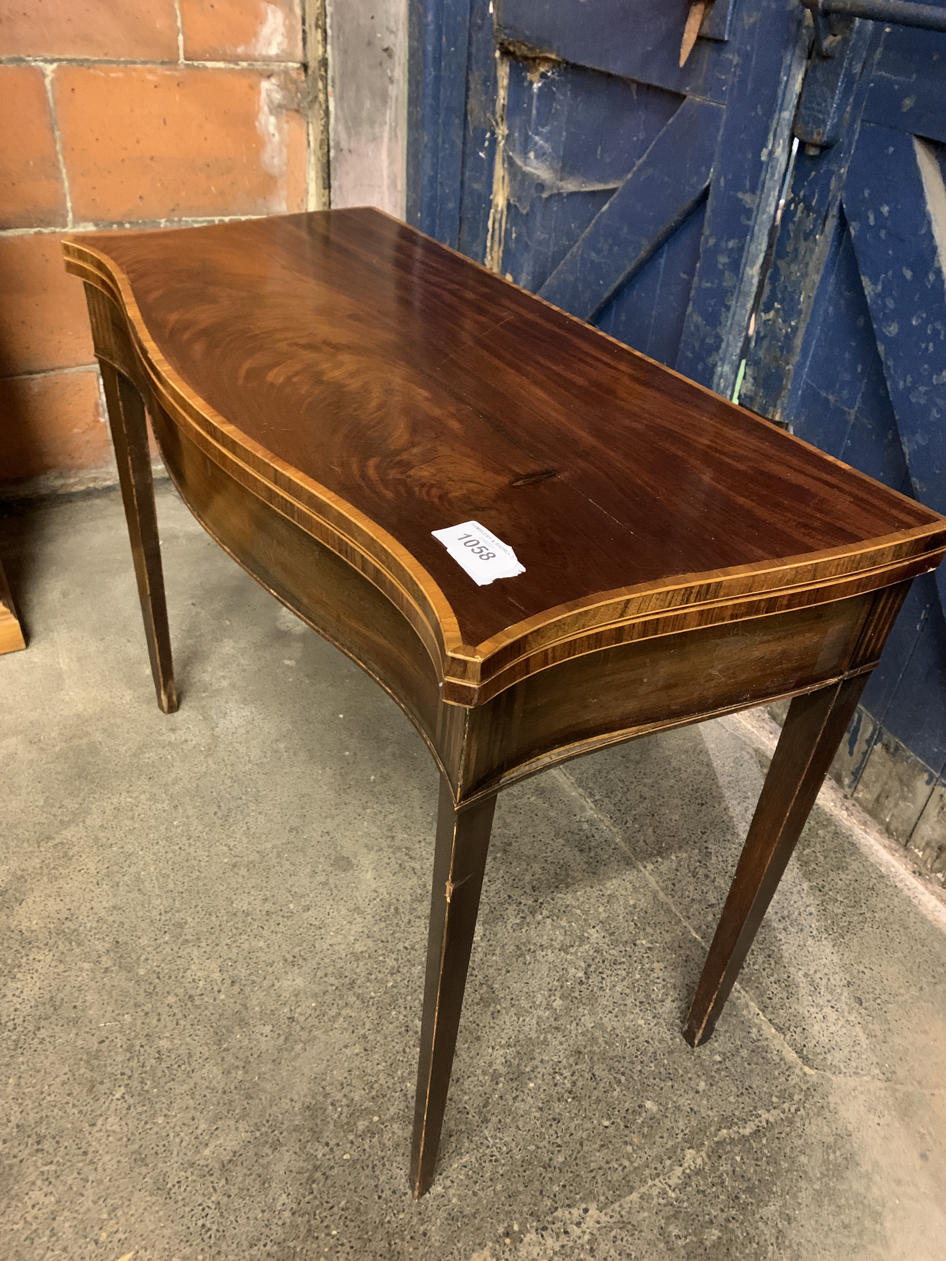 Mahogany serpentine fronted, fold over top, gate leg tea table, on tapered legs. This item carries - Image 3 of 3