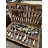 Boxed canteen of silverplate cutlery together with a mahogany writing slope.