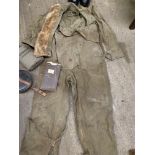 RAF khaki flying suit; battle dress top and cap and other items