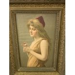 Gilt framed print on canvas of a girl holding a daisy and two framed oleographs