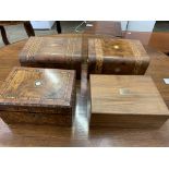 Three walnut and mahogany inlaid boxes, and a mahogany humidor