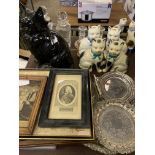 Cat figures, glass ware, and framed and glazed prints