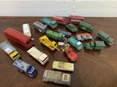 Assortment of various die-cast vehicles including Dinky and Matchbox.