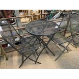 Grey metal mesh circular table, with two folding chairs