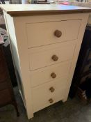 Cream painted and oak laminated chest of five drawers