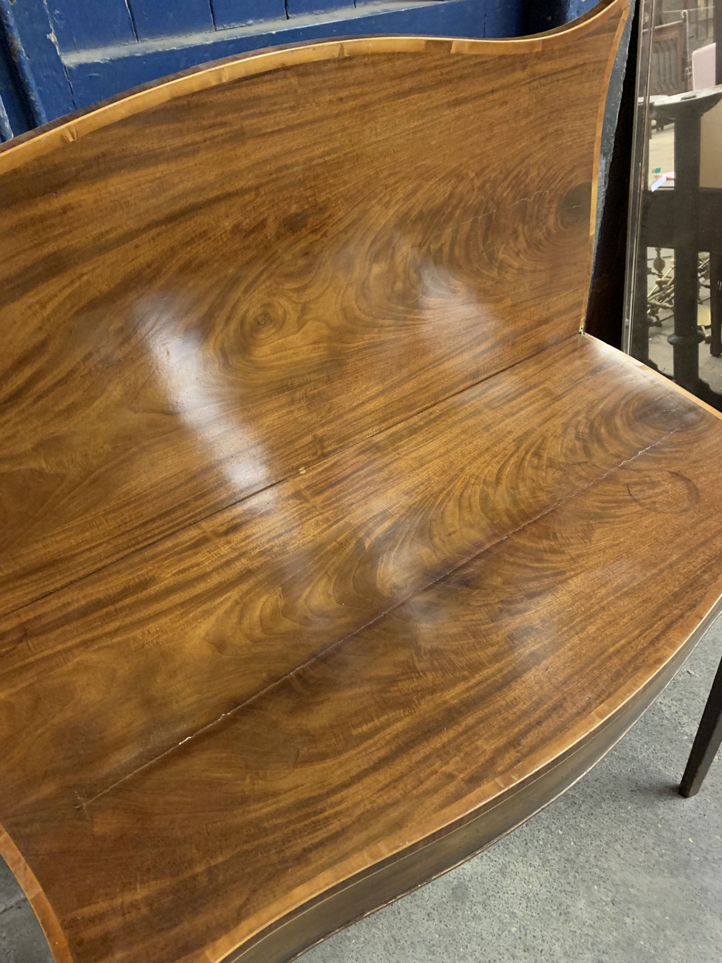 Mahogany serpentine fronted, fold over top, gate leg tea table, on tapered legs. This item carries - Image 2 of 3